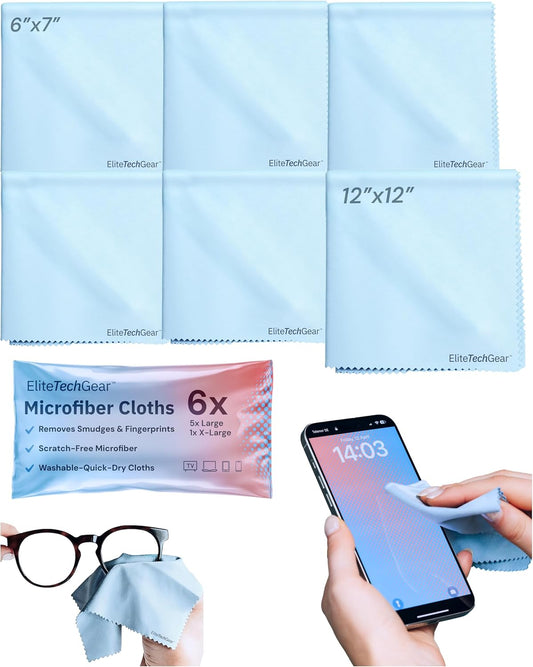 Elite Screens Microfiber Cleaning Cloths 6-Pack - 6×7 in & 12×12 in, Light Blue - Screen & Lens Cleaning Cloths for Eyeglasses & Electronics