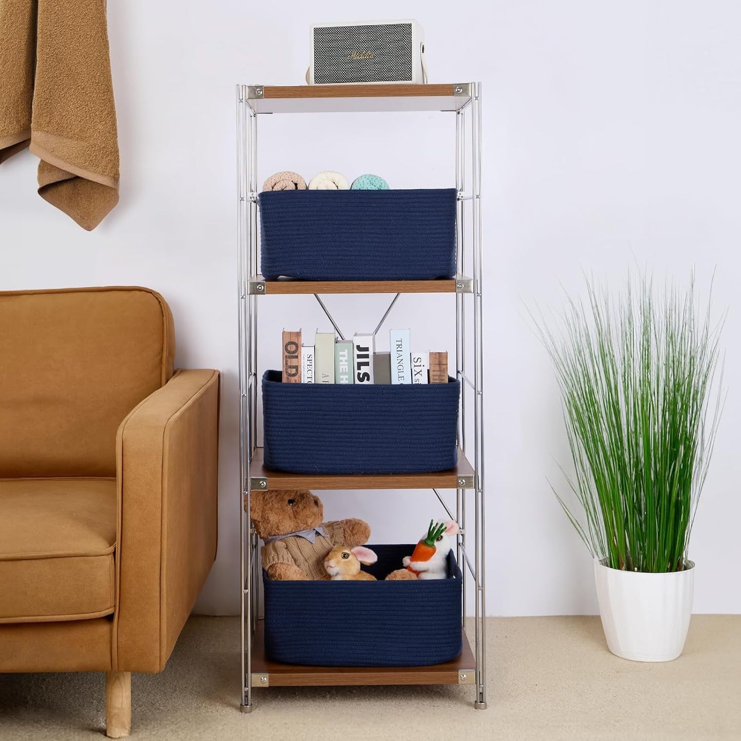 Large Storage Baskets for Shelves, Closet Organizers Bins for Clothes Blanket Towels, Baby Nursery, Toy Baskets Box, Woven Rope Baskets, 17 x 13 x 7.5”, 3 Packs Navy Blue