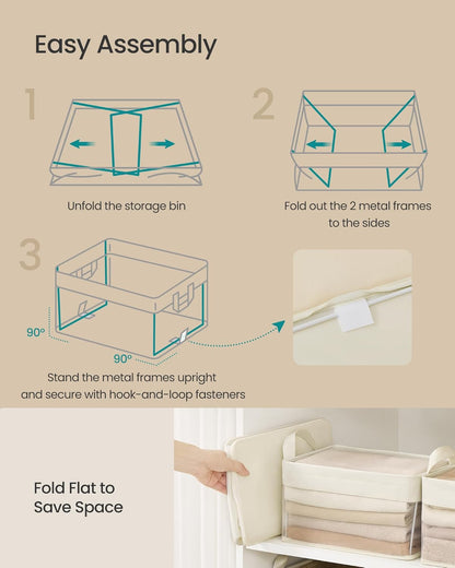 SONGMICS Storage Bins Set of 3, Small Fabric Storage Baskets, Foldable Organizer with Transparent Nylon Mesh, 11.8 x 7.9 x 5.9 Inches, Handles, for Bathroom, Kitchen, Cream White URFB915W01