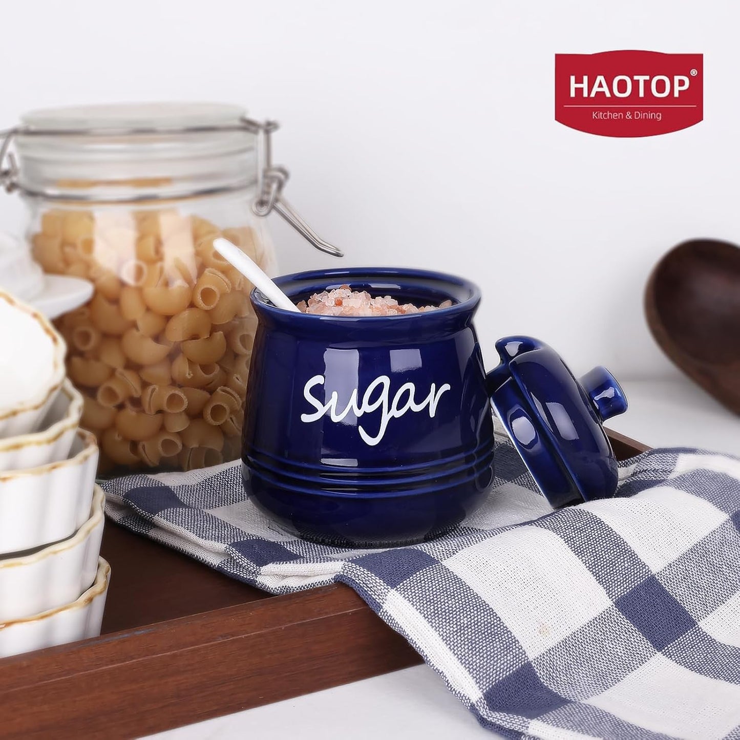 HAOTOP 12oz Sugar Bowl with Lid and Spoon,Ceramic Sugar Jar Sugar Dispenser Sugar Container Coffee Bar Accessories, Kitchen Countertop Canisters, Navy