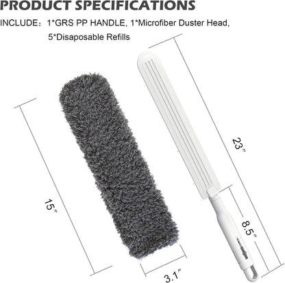 Microfiber Duster, Dusters for Cleaning, Hand Duster with Washable Head, Feather Dusters for Cleaning Cobweb, Blinds, Furniture, Cars-Gray