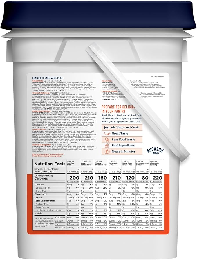 Lunch & Dinner Variety Kit Emergency Food Supply, 113 Servings, 25 Year Shelf Life - Dehydrated Meals, Survival Food Camping Essentials, 4 Gallon Bucket