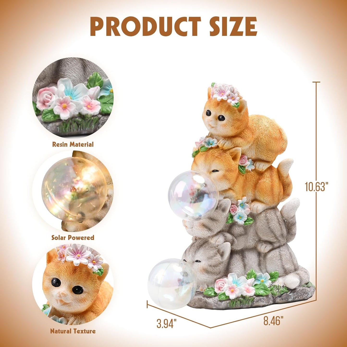 Solar Cat Garden Statue Resin Cat Statue Decor Outdoor with LED Lights for Outside Yard Art Lawn Ornaments Patio, Cat Lovers Gifts