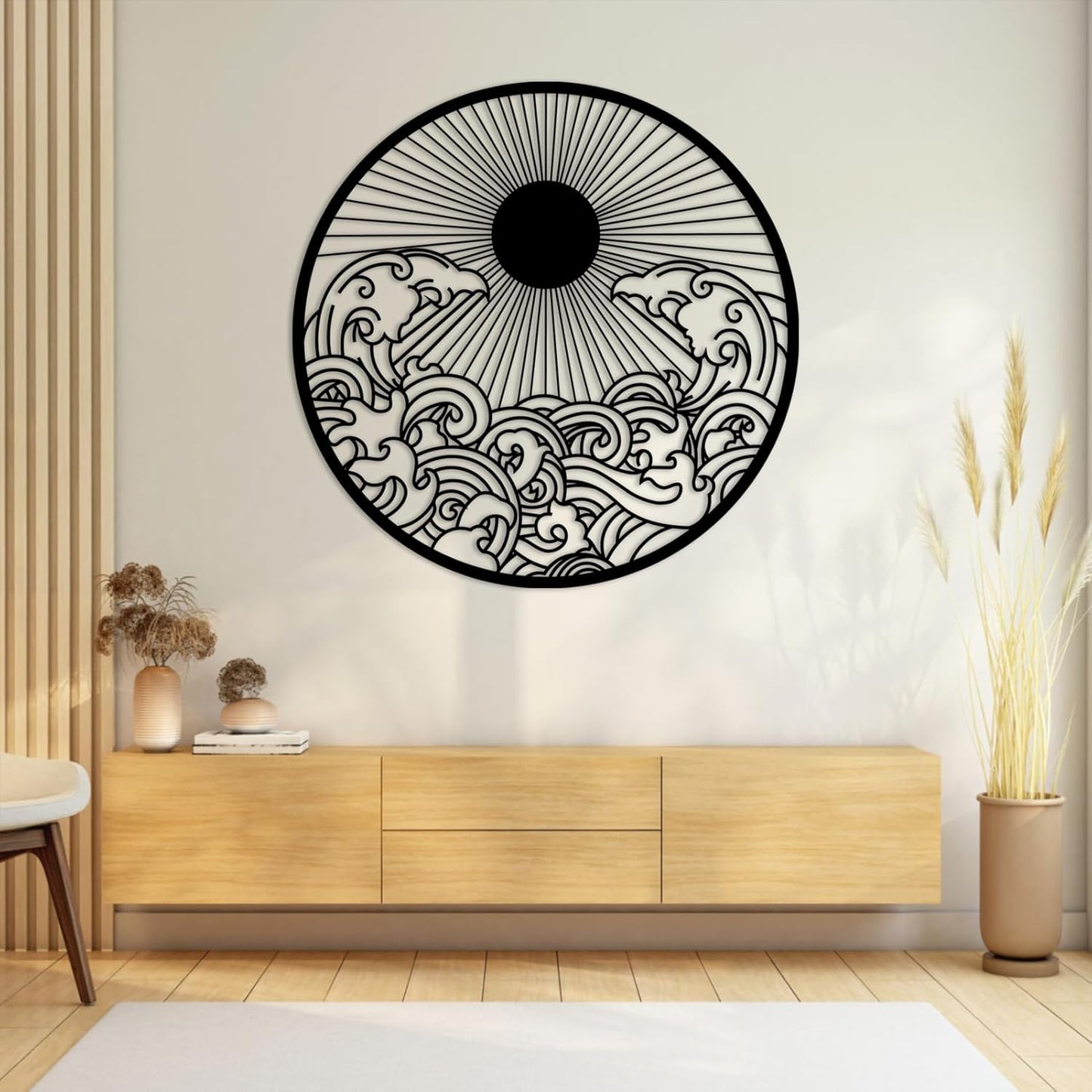 flyoak Metal Sun Wall Decor Outdoor, Sunrise Metal Wall Art, Metal Wave Wall Art, Sunrise and Wave Wall Decor, Sunburst Wall Art, Sunset Wall Art, Wall Hangings for Bedroom (Black, 19x19in|47x47cm)