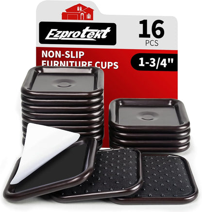 Ezprotekt 1 3/4" Square Non Slip Furniture Pads with Drip Glue Non-Woven Fabric Bottom, 16 Pcs Anti Skid Furniture Coasters Cups Floor Protectors for Bed, Sofa, Table, Chair, Cabinet, Brown/Black