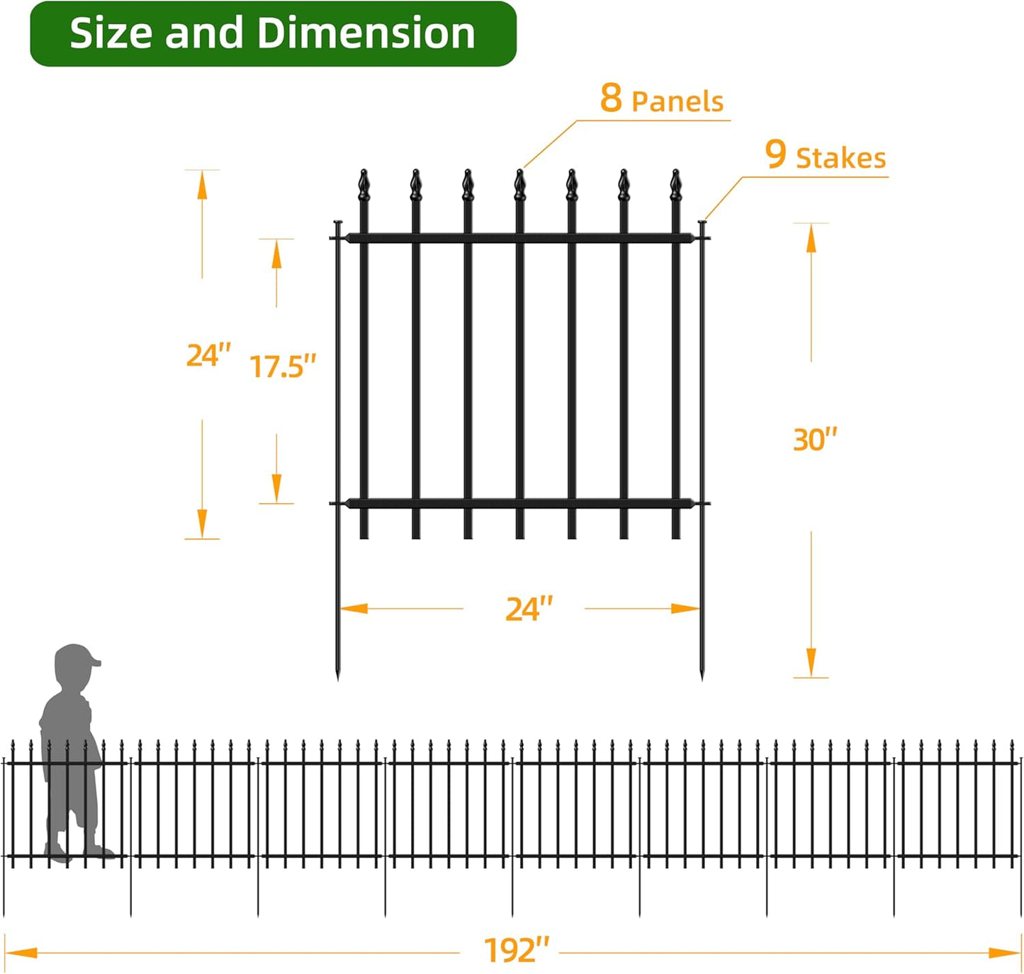 Decorative Metal Garden Fence 24 in H x 16 ft L,8 Panels + 9 Stakes Border Fence Panels Animal Barrier for Dogs, No Dig Garden Fencing for Yard Patio Flower Bed Lawn Outdoor,Black