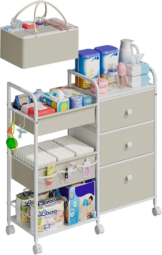 2In1 Baby Diaper Caddy Organizers and Storage, 3 Tier Rolling Cart with Dividers and Drawers, Mobile Utility Cart Baby Dresser Clothes Organizer for Changing Table, Crib Nursery, Bedroom