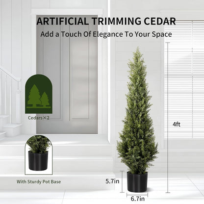 Artificial Cedar Topiary Trees 2 Set, Realistic Fake Cypress Tree Tall Faux Pine Shrubs Plants Artificial Cypress Trees for Home Offices Porch Decor (Cedar Topiary Trees, 3FT)