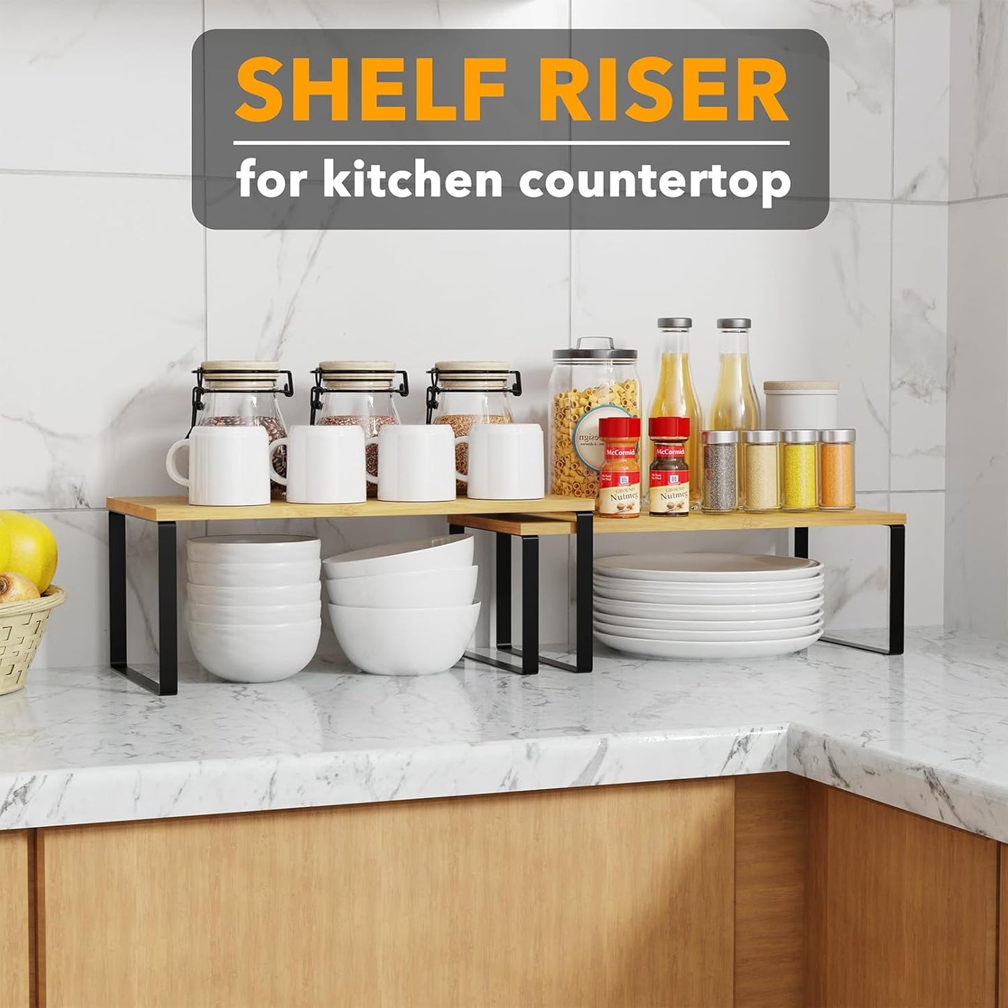 SpaceAid Cabinet Shelf Organizers 2 Pack, Kitchen Counter Rack Shelves Riser, Stackable Expandable Spice Rack, Pantry Cupboard Storage Organization (Black and Natural, Long)