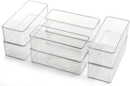 Hudgan 8 Pack Clear Plastic Drawer Organizers Set, Stackable Deep Drawer Organizer for Makeup Vanity and Desk, 2 Sizes Tall Bathroom Drawer Organizer