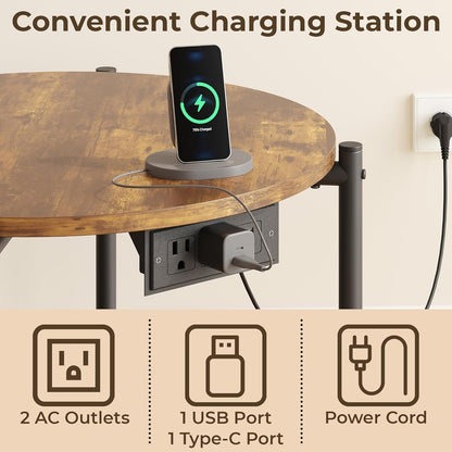 LIKIMIO Side Table, 23.6" W Round End Table with Charging Station, Modern Wooden Nightstand for Small Spaces, Living Room, Bedroom, Rustic Brown