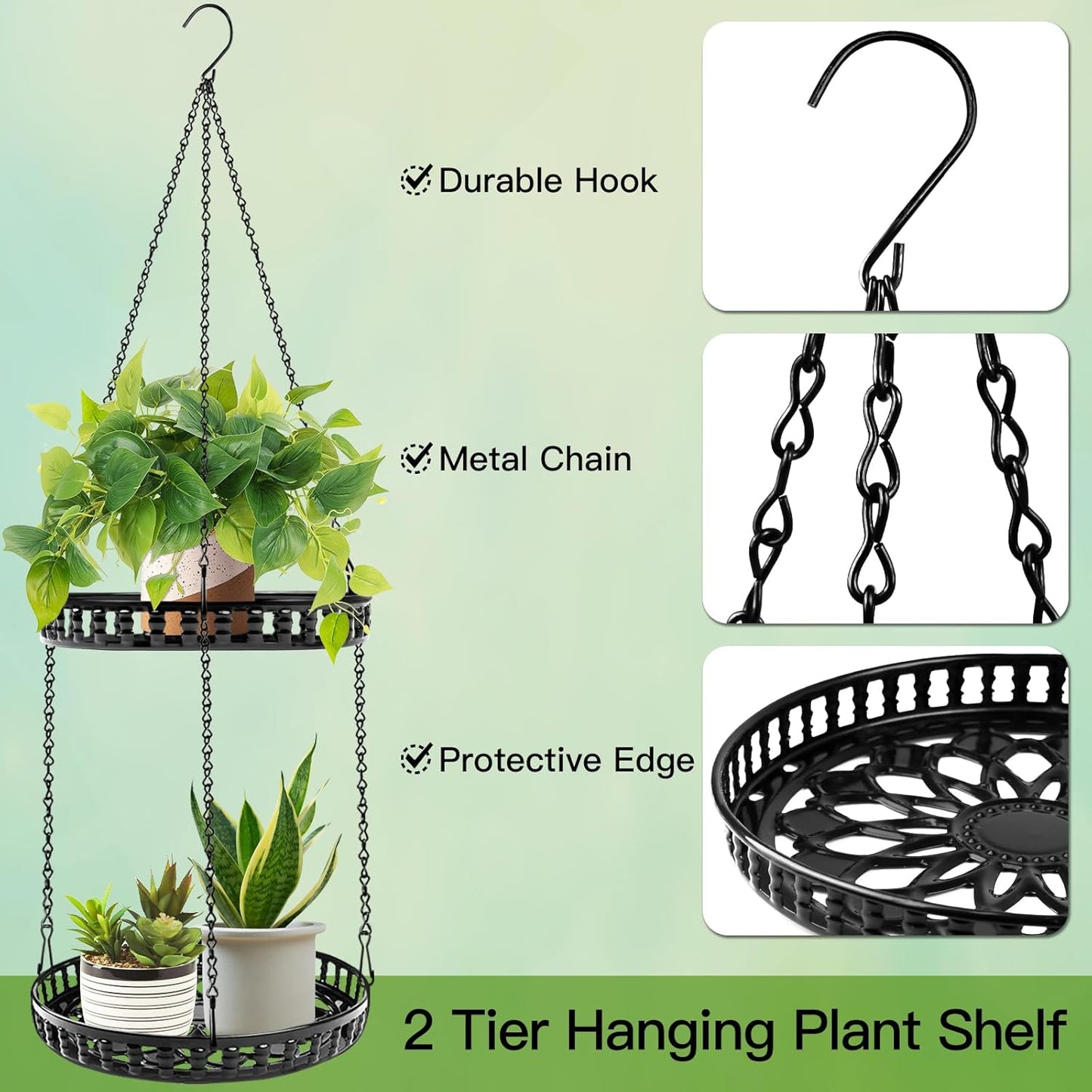 Plant Hanger Indoor Outdoor, 2 Tier Hanging Planter Hanging Plant Shelf, Metal Hanging Plant Holder for Indoor Outdoor Plants