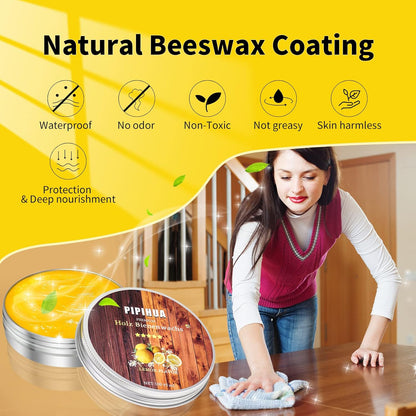 PIPIHUA Beeswax Polish and Conditioner for Wood Furniture - Waterproof & Restorer Wood Wax, Multipurpose Beeswax Furniture Polish and Cleaner for All Types and Colours, Lemon(2×100g with 3 Sponges)