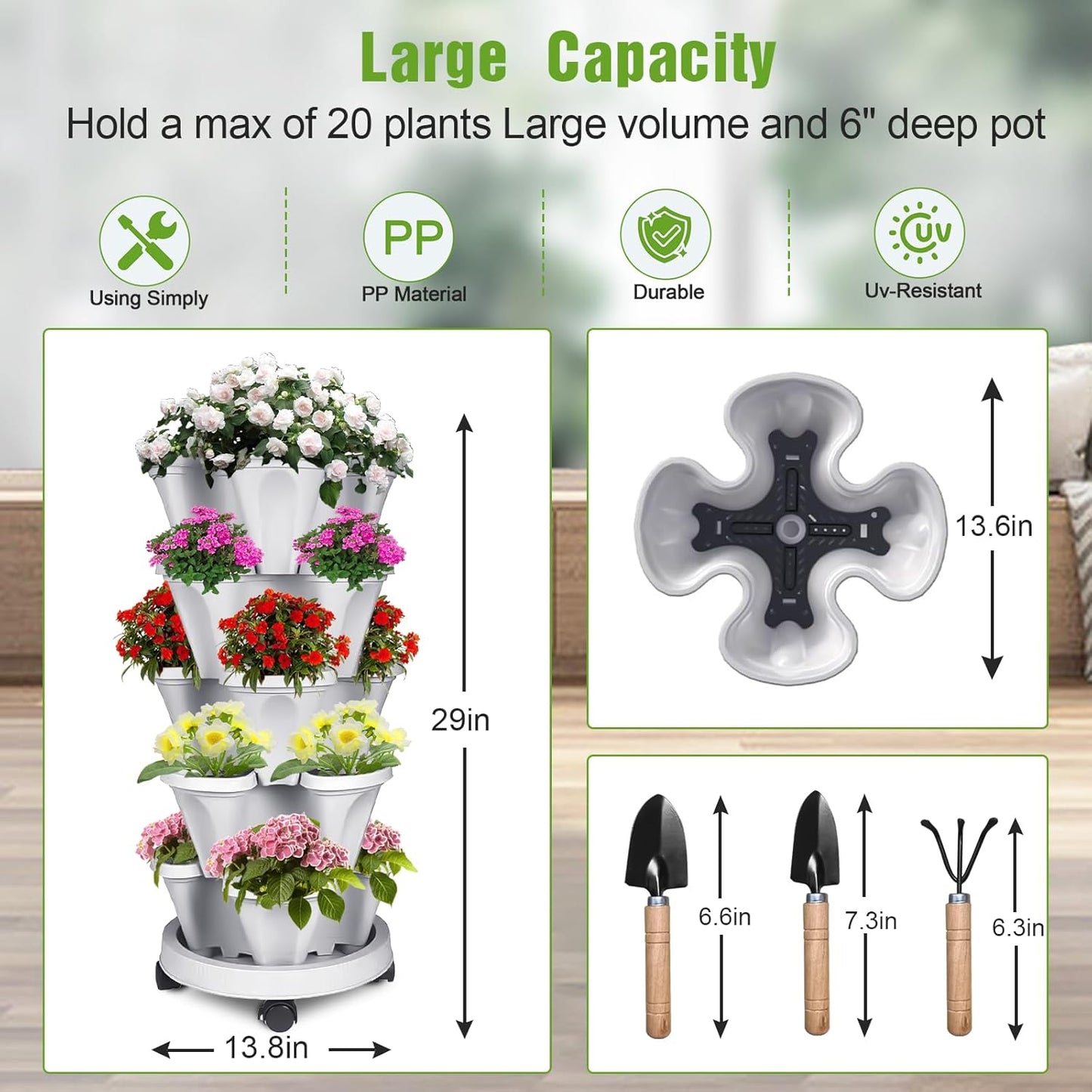 Vertical Strawberry Planter 5 Tier Stackable Tower Herb Planters-Stacking Garden Outdoor Planter Pot with Tools Mover for Succulents, Vegetables and Flowers