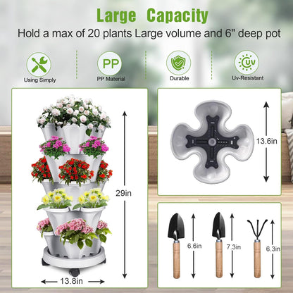 Vertical Strawberry Planter 5 Tier Stackable Tower Herb Planters-Stacking Garden Outdoor Planter Pot with Tools Mover for Succulents, Vegetables and Flowers