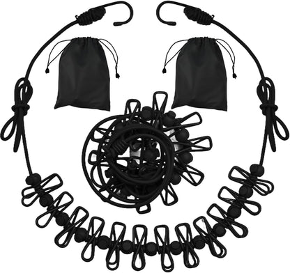 2 Pack Camping Clothesline Portable 12 Clothespins, Black Camping Accessories Travel Clothesline for Outdoor Indoor, Retractable Clothes Line Elastic Clothesline for Camper Hotel Room