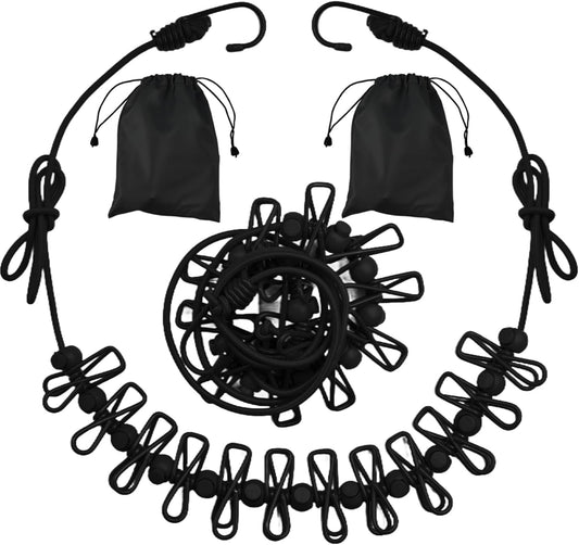 2 Pack Camping Clothesline Portable 12 Clothespins, Black Camping Accessories Travel Clothesline for Outdoor Indoor, Retractable Clothes Line Elastic Clothesline for Camper Hotel Room