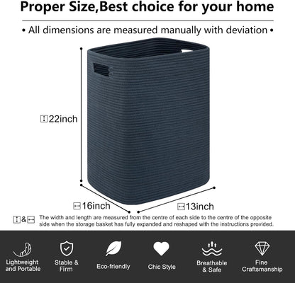 OIAHOMY Laundry Hamper, Laundry Basket，Rectangle Cotton Large Blanket Storage Basket for Living room,Bedroom Woven Decorative Storage for Toys,Clothes,Pillows-16x13x22in-Blue