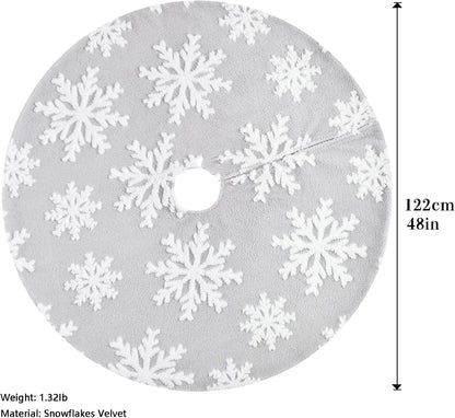 48inch Christmas Tree Skirt Tree Blanket, Large Luxury Soft Carpet 4ft Xmas Tree Blanket with 3D Large Snowflakes Grey Faux Fur Carpet for Christmas Holidays Decoration Party