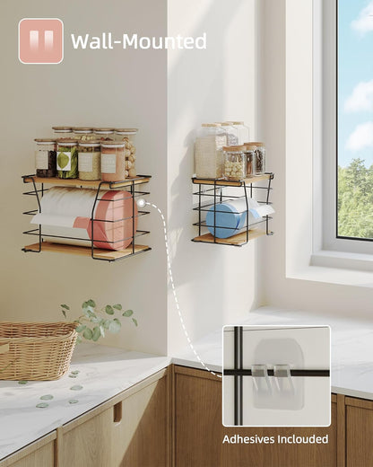 2 Pack Trash Bag Holder/Dispenser, Stackable Storage Laundry Kitchen Organizers for Countertop Organization, Wall Mount Garbage Bag Dispenser with wooden Top, No Drill