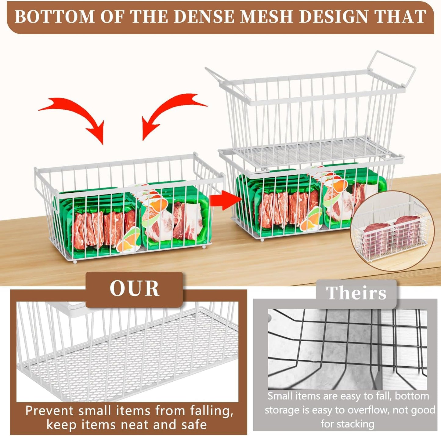 Freezer Organizer Bins ，Upgraded Bottom Leak-Proof net，4 Pack，Encryption and Hardening ，Deep Freezer Organizer Bins for 5 to 7 Cu.FT Small Chest Freezer， Easy Get Bottom Foods（white）