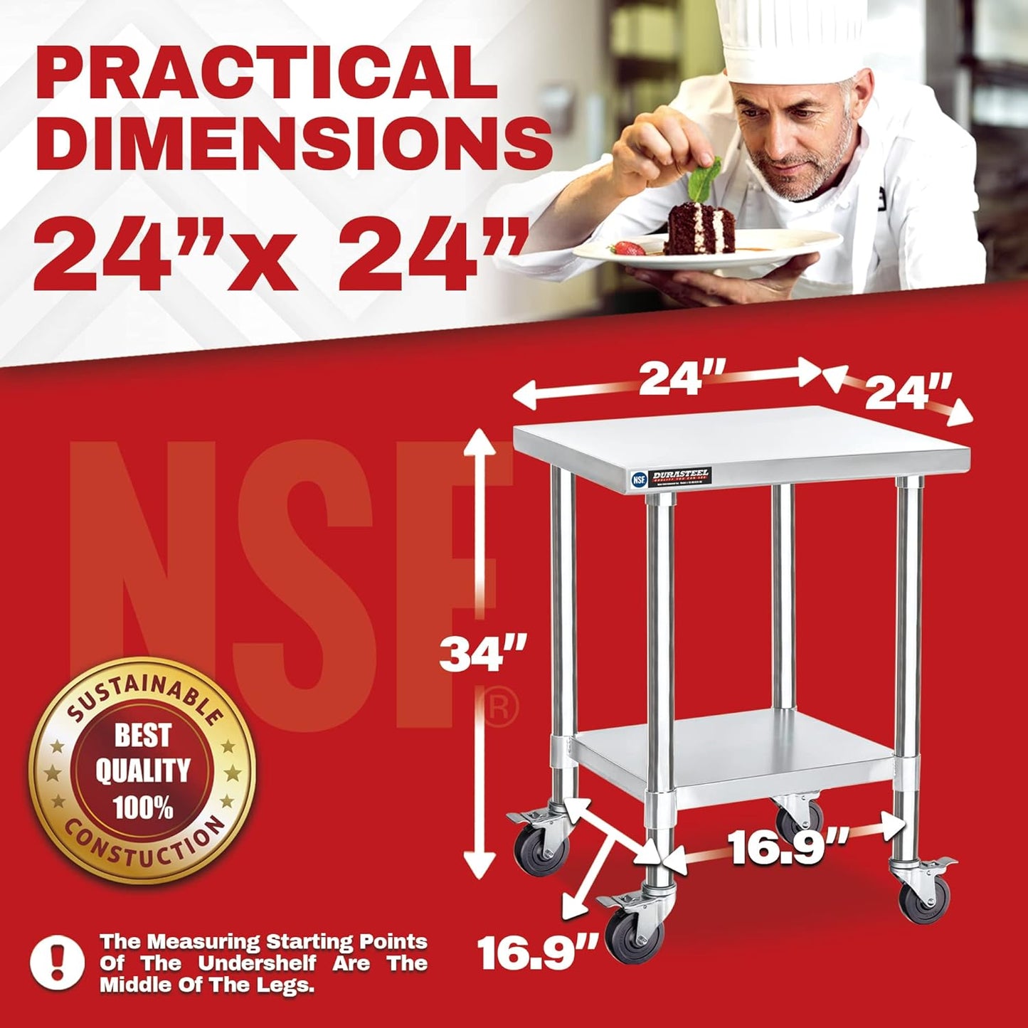 DuraSteel 24x24 NSF Stainless Steel Cart Work Table - Heavy Duty Rolling Food Prep Table - Metal Utility Cart on Wheels Caster, Grill Stand Microwave Outdoor Kitchen Tables Countertop Island Large Top