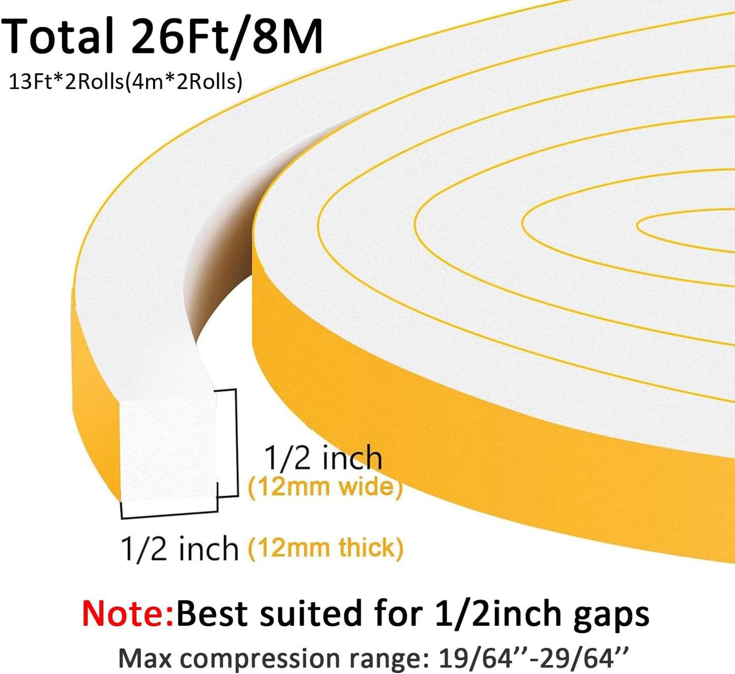 Window Insulation Weather Stripping, High Density Insulation Tape for Door, Soundproof Weatherproof Door Weather Stripping, Adhesive Foam Gasket Tape, Anti-Vibration(1/2 in x 1/2 in x 26Ft)