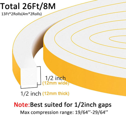 Window Insulation Weather Stripping, High Density Insulation Tape for Door, Soundproof Weatherproof Door Weather Stripping, Adhesive Foam Gasket Tape, Anti-Vibration(1/2 in x 1/2 in x 26Ft)
