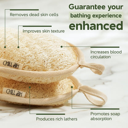 Chill Ah Green Glow All Natural Exfoliator Dual Sided Loofah Bath Sponge Set – 100% Plant-Based, dye-Free, Biodegradable, Scratch-Free, Handcrafted in Vietnam (2-Pack)