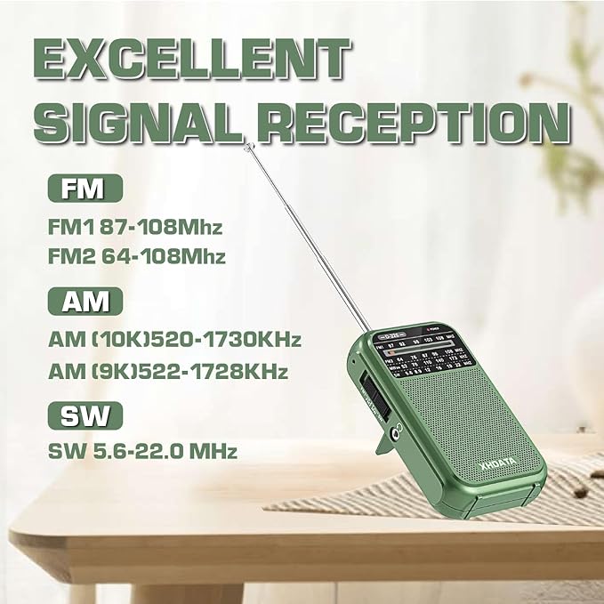 XHDATA D220 Portable AM FM SW Shortwave Receiver Pocket Radio, 2 AA Battery Operated, Transistor Radios with Excellent Reception for Family or Elder (Green)