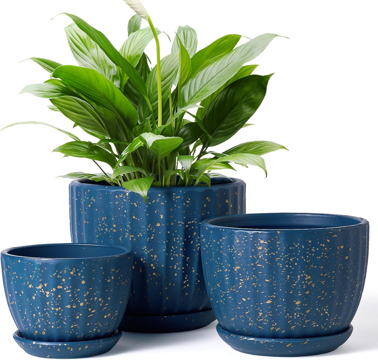 4/5/6 Inches Ceramic Plant Pots with Drainage Holes and Saucers, Round Flower Pots for Indoor Plant, Modern Flower Planters Set of 3 (Blue with Dot-Big Size)