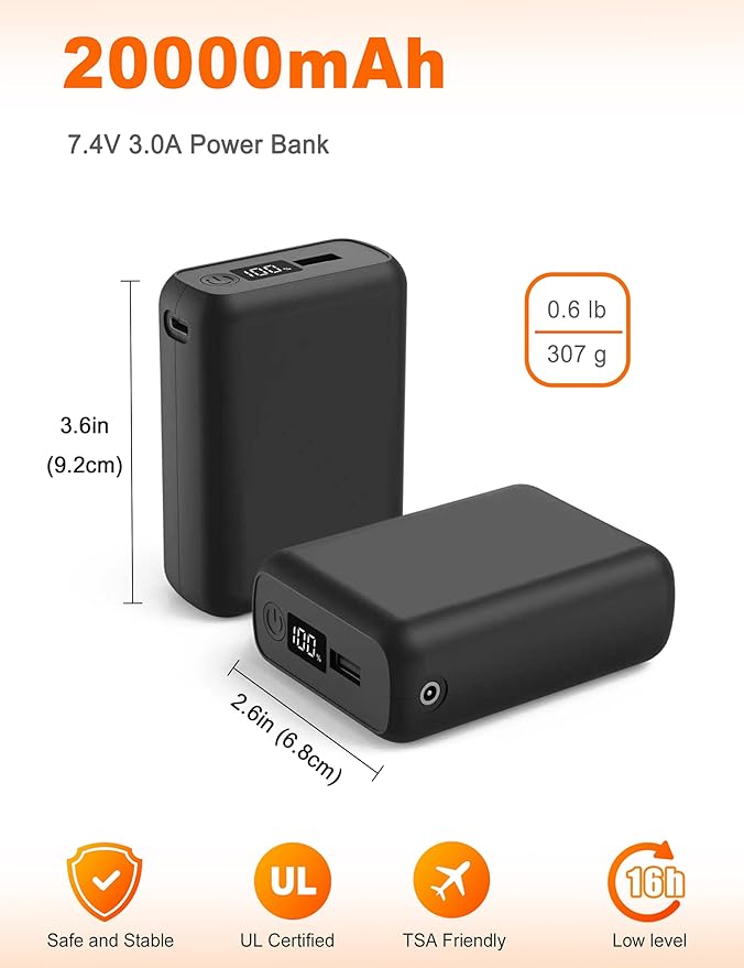 𝟳.𝟰𝗩/𝟱𝗩 𝟮𝟬𝟬𝟬𝟬𝗺𝗔𝗵 Heated Vest Battery Pack, LED Display, Power Bank with USB/Type-C/DC 3.8 Output and LED Display, Portable Charger, Compatible with Heated Vests, Jackets, Pants
