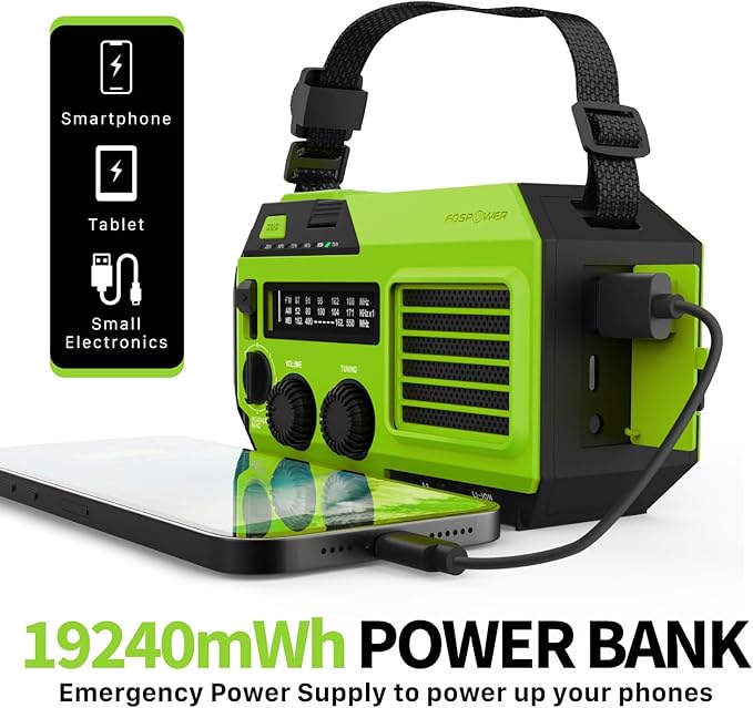 FosPower NOAA Emergency Weather Radio A6 19240mWh Portable Power Bank, AM/FM, USB/Solar/Hand Crank Charging, Battery Operated, SOS Alarm & Flashlight for Indoor/Outdoor Emergency - Green