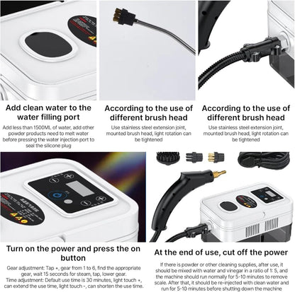 Irishom Steam Cleaner Handheld with 4pcs Accessories, Touch Screen 6 Levels Adjustable 15s Fast Steam Deep Cleaning with Portable Handle 1200ml/40.5oz Water Tank