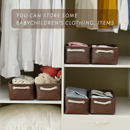 TheWarmHome Storage Basket for Organizing - 12x8x5 inch Small 6 Pack Collapsible Storage Bin for Shelves with Handles, Canves Storage Box for Cloth Closet Organizer Gift Toy (Brown)