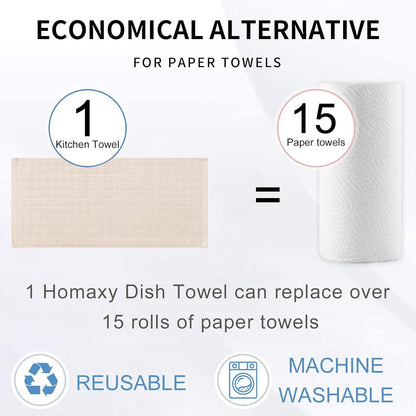Homaxy 100% Cotton Terry Kitchen Towels(Beige, 13 x 28 inches), Checkered Designed, Soft and Super Absorbent Dish Towels, 6 Pack