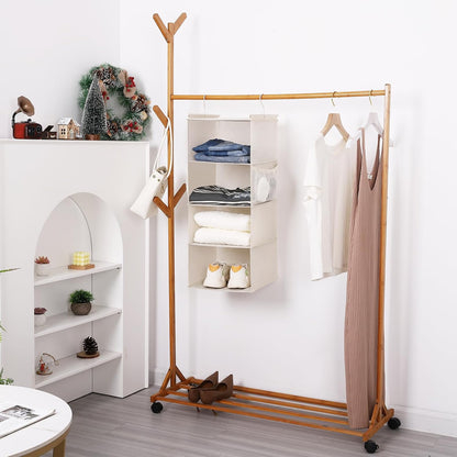 MAX Houser 4 Tier Shelf Hanging Closet Organizer, Space Saver,Closet Hanging Shelf with 2 Sturdy Hooks for Storage, Foldable (Beige)