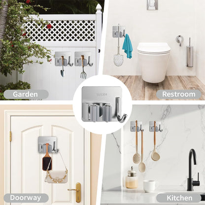 5 Pack Mop and Broom Holder Wall Mount, Silver Stainless Steel Mop and Broom Hanger with Hooks, Mop Broom Organizer for Closet Laundry Garage Garden Tool Organizer