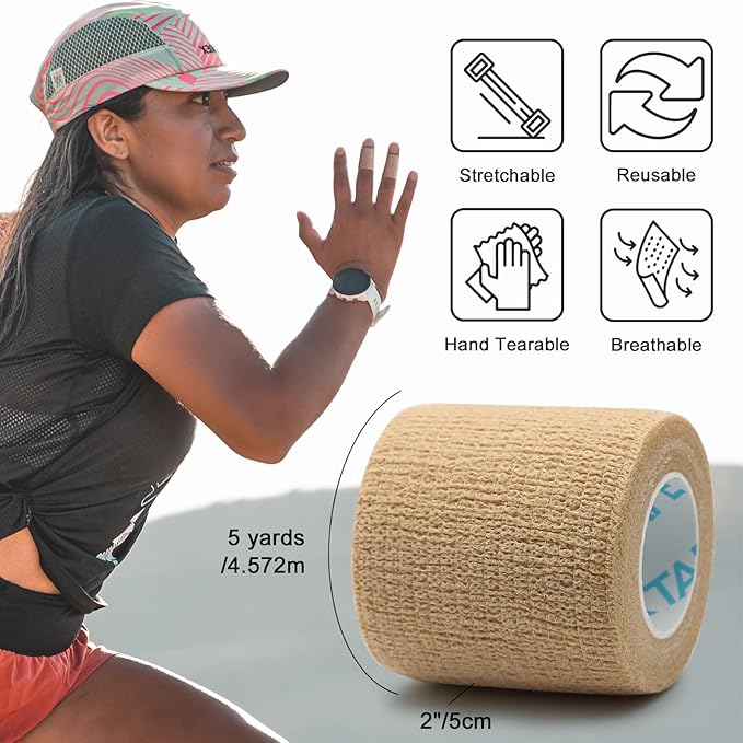 OK TAPE Self Adherent Cohesive Bandages Wrap 24Packs, Non-Woven Self Adhesive Athletic Sports wrap Tape, Vet Wrap Bandages Tape, for Thumb Finger Wrist Ankle (Beige)