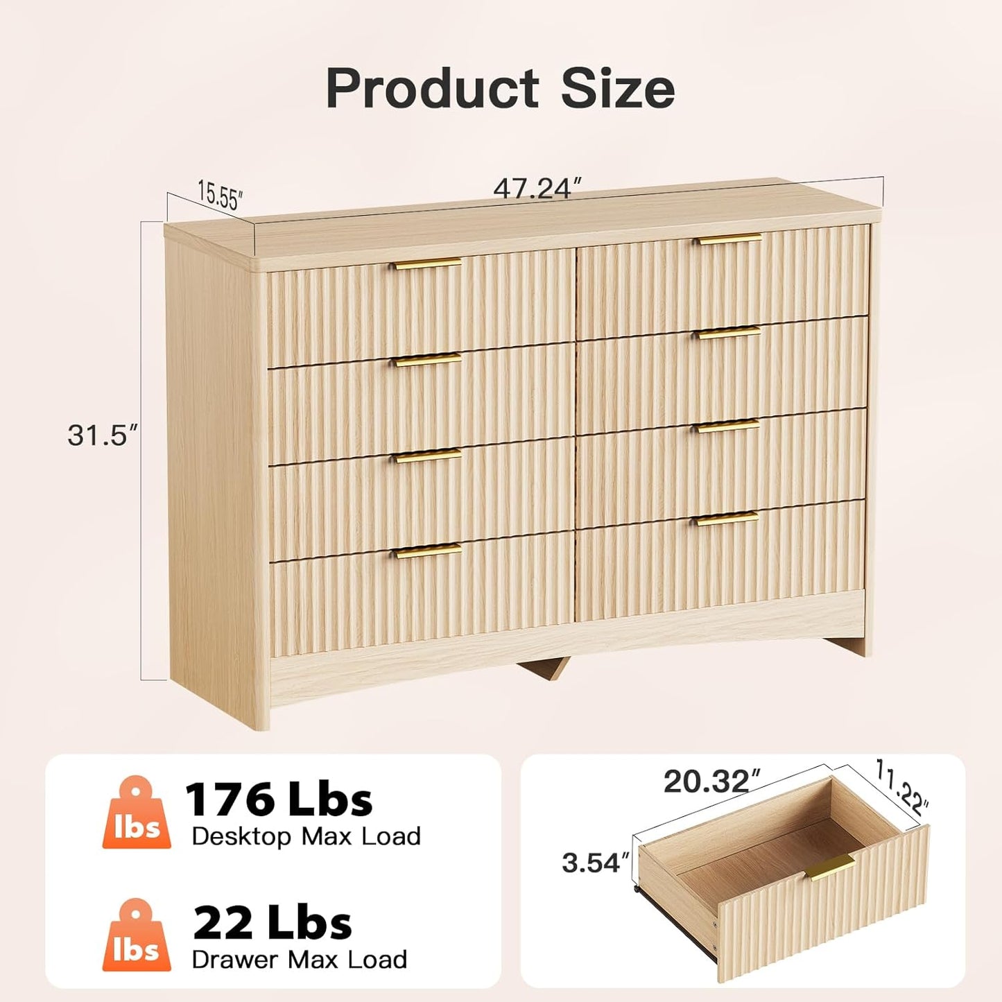 Pipishell Fluted 8 Drawers Dresser, Modern Wood Chest of Drawers, Dressers with Round Edge Design, Dresser TV Stand, Wood Drawer Organizer for Bedroom, Living Room, Hallway, Natural Oak