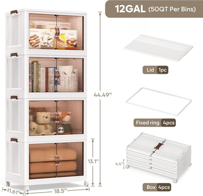 Jalove 50QT Plastic Storage Bins with lids, Stackable Collapsible Storage Containers with Wheels, Closet Organizer and Storage Drawers, Clothes Storage Cabinet for Home Office Garage, 4 Pack White