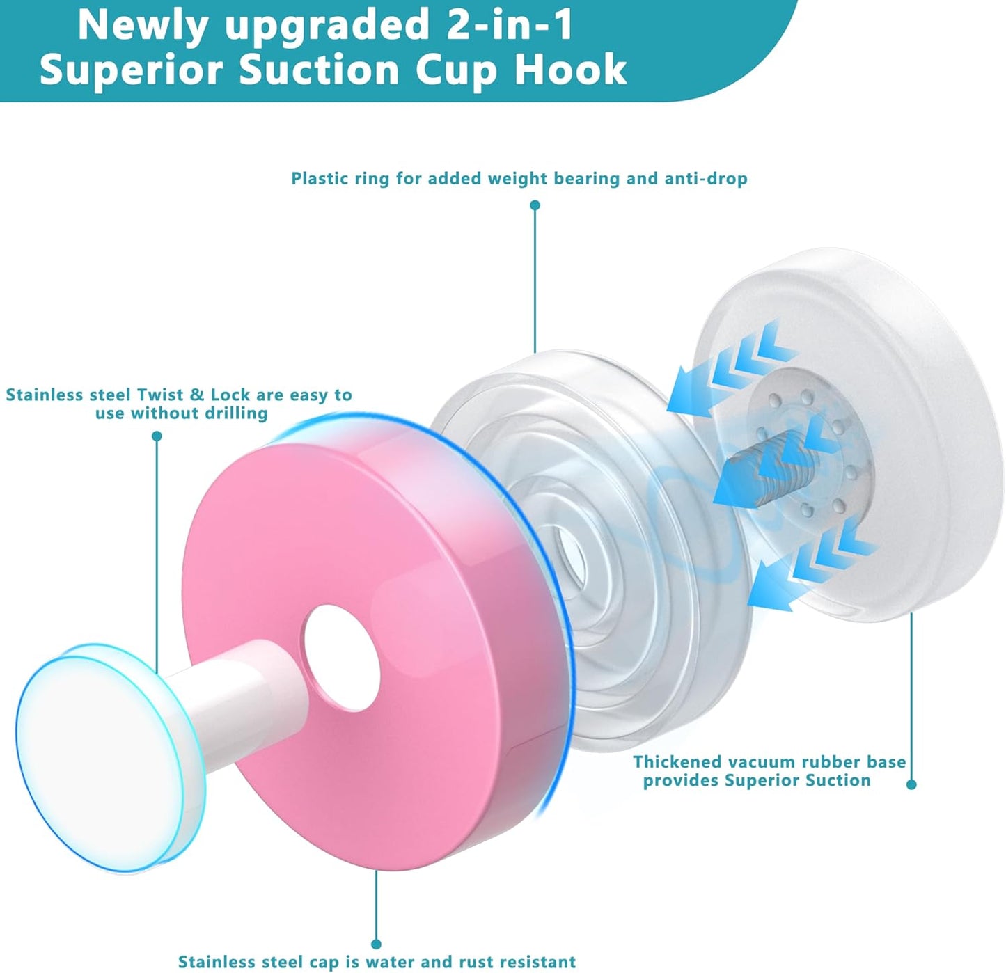 Suction Cup Hooks for Shower,Removable No Drill Towel Hooks,Upgraded 15 lbs Strong Suction hooks for Bathroom Tile,Shower Wall,Glass Door,Kitchen-Loofah,Coat,Stainless Waterproof-Pink White 4 Pcs