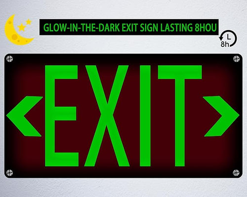(2 Pack) Photoluminescent Exit Sign Red - with Removable Directional Arrows, With strong self adhesive tape, 14.25 x 7.5 Inches Heavy Duty Aluminum Signs, Fade Resistant, water proof/weather proof