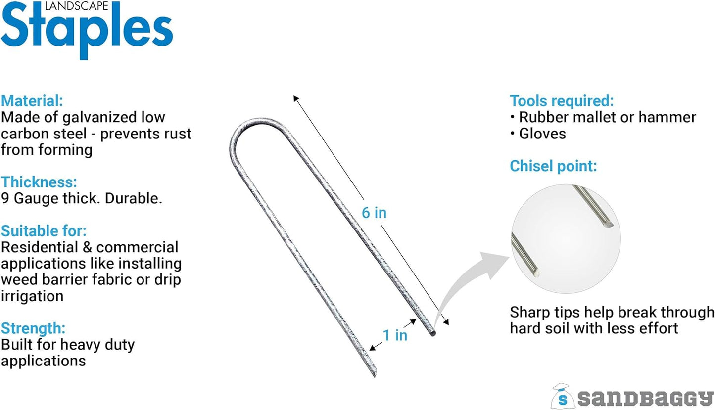 Sandbaggy Galvanized 6-Inch Landscape Staples ~ 9 Gauge Steel - Fabric Pins, Garden Earth Stakes, Ground Cover, Fence Anchors, Lawn Nails ~ Trusted by Organic Farmers Across The USA (1,000 Staples)
