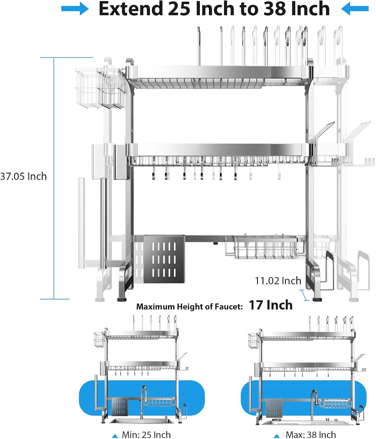 Over The Sink Dish Drainer Drying Rack, Full Stainless Steel 3-Tier Adjustable Length Over Sink Dish Drying Rack, Large Capacity Dish Rack Over Sink for Kitchen Counter, Pots & Pans Rack