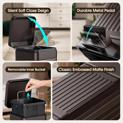 CEROELDA Small Trash Can with Lid-5L/1.3 Gal,Stainless Steel Outdoor Dog Poop Garbage Can-Farmhouse Retro Metal Waste Bin w/Step Pedal for Bathroom Bedroom Office-Soft Close-Brown