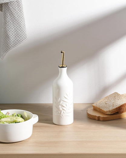 Sweejar Ceramic Olive Oil Dispenser Bottle 20 Oz Relief Opaque Oil Cruet Protects To Reduce Oxidation Suitable for Storage Vinegar, Soy Sauce, Coffee Syrup, Liquids, Set of 1 (White Gold Spout)