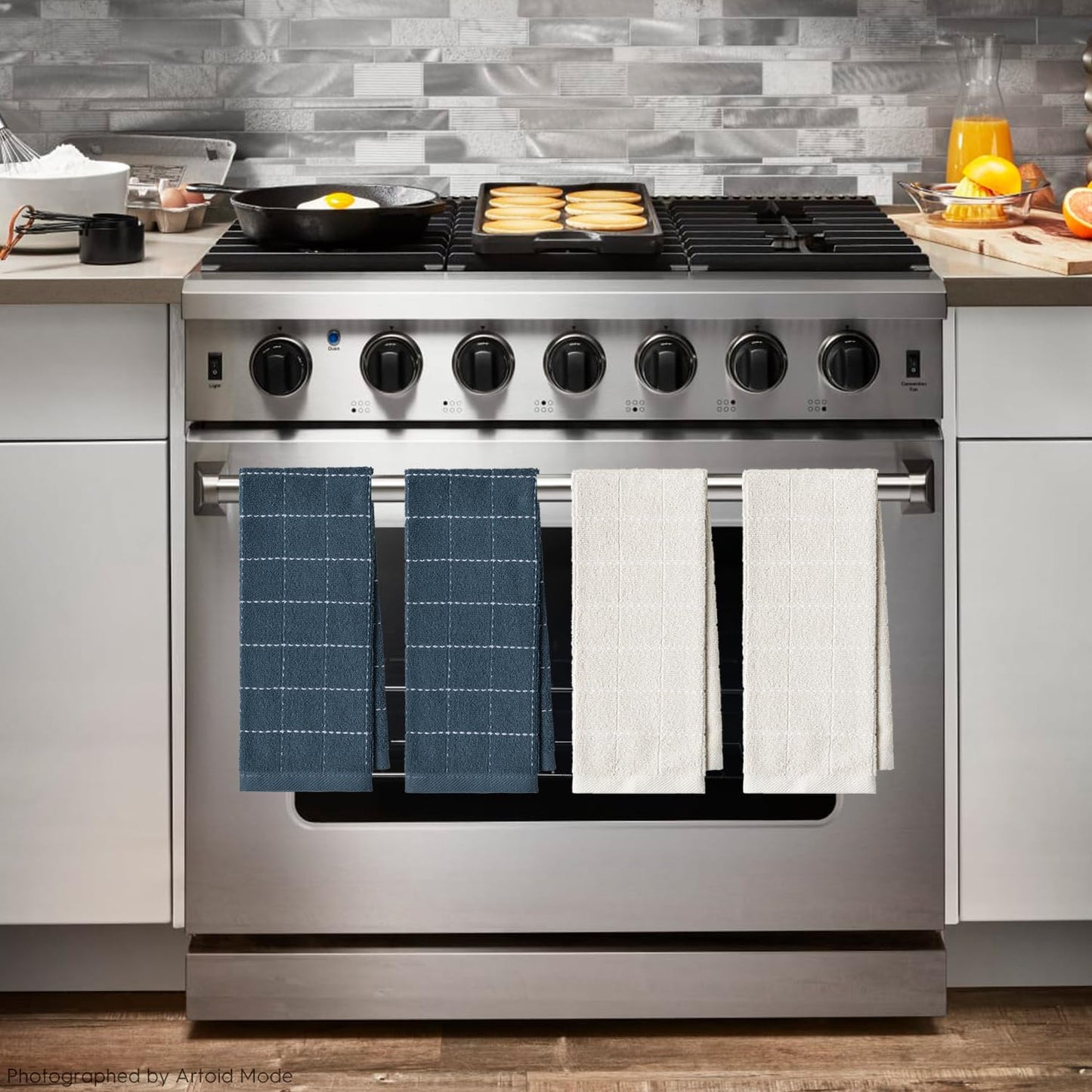 Artoid Mode Checkered Designed Cotton Beige Grey Terry Kitchen Dish Towels, 15x25 Inch Soft Absorbent Quick Drying Cleaning Tea Towels Set of 4