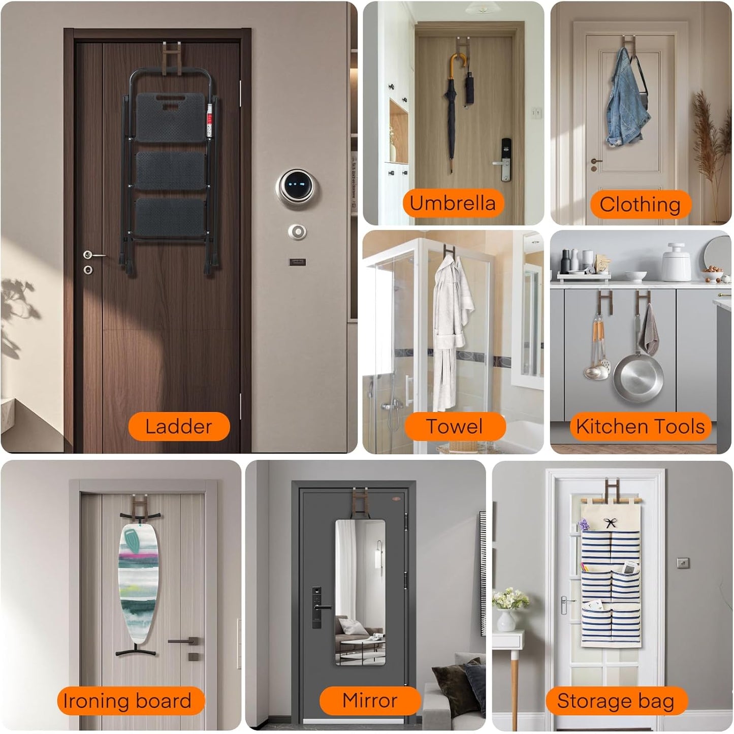 FYY Over The Door Hooks - 2 Pack Heavy Duty Dual-Hook Organizer Hanger with Non-Slip Rubber for Towels, Clothes, Hats & Bags Use in Bathroom, Bedroom, Kitchen - Fits Interior Doors Up to 1 3/8" Brown