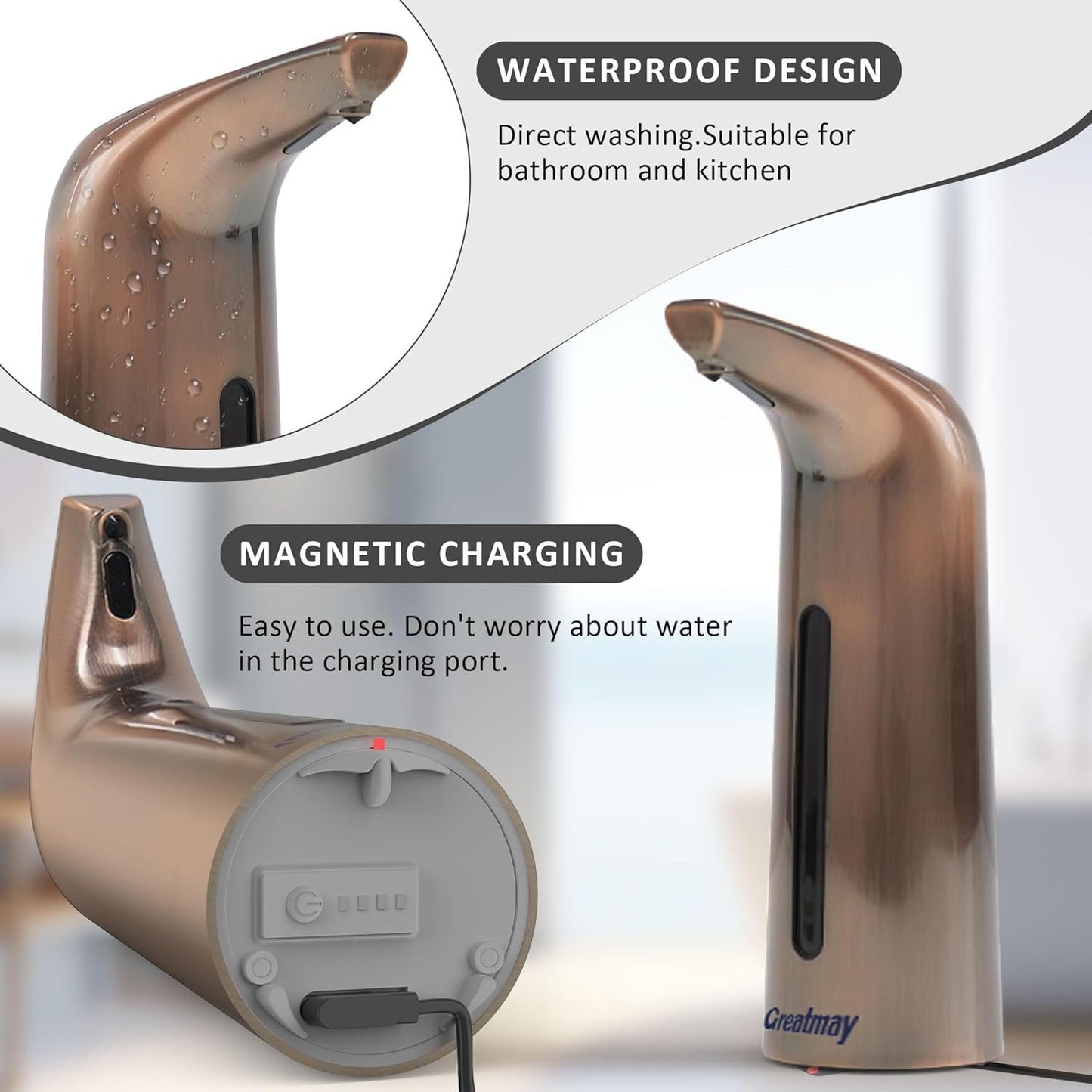 Convenient Automatic Soap Dispenser,4 Adjustable Levels Touchless Hand Sanitizer Pump with Infrared Sensor, 400 ml Countertop Electric Dispenser for Bathroom,Kitchen